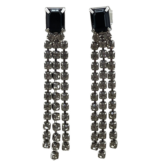Vintage Rhinestone Black Silver Tone Fringe Stud Earrings Drop Dangle Push Lock - Picture 1 of 4